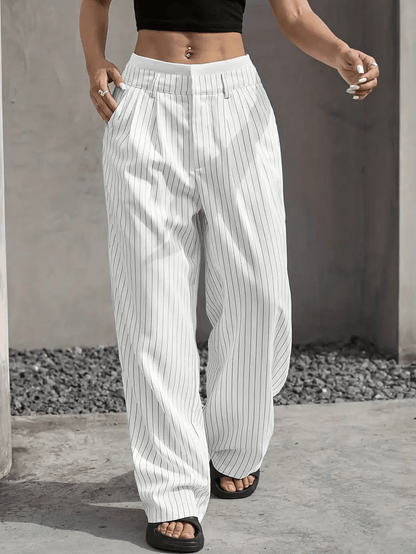 Chic Style | Women's High Waist Straight Leg Pants with Vertical Stripes | Comfortable Fit for Everyday Elegance