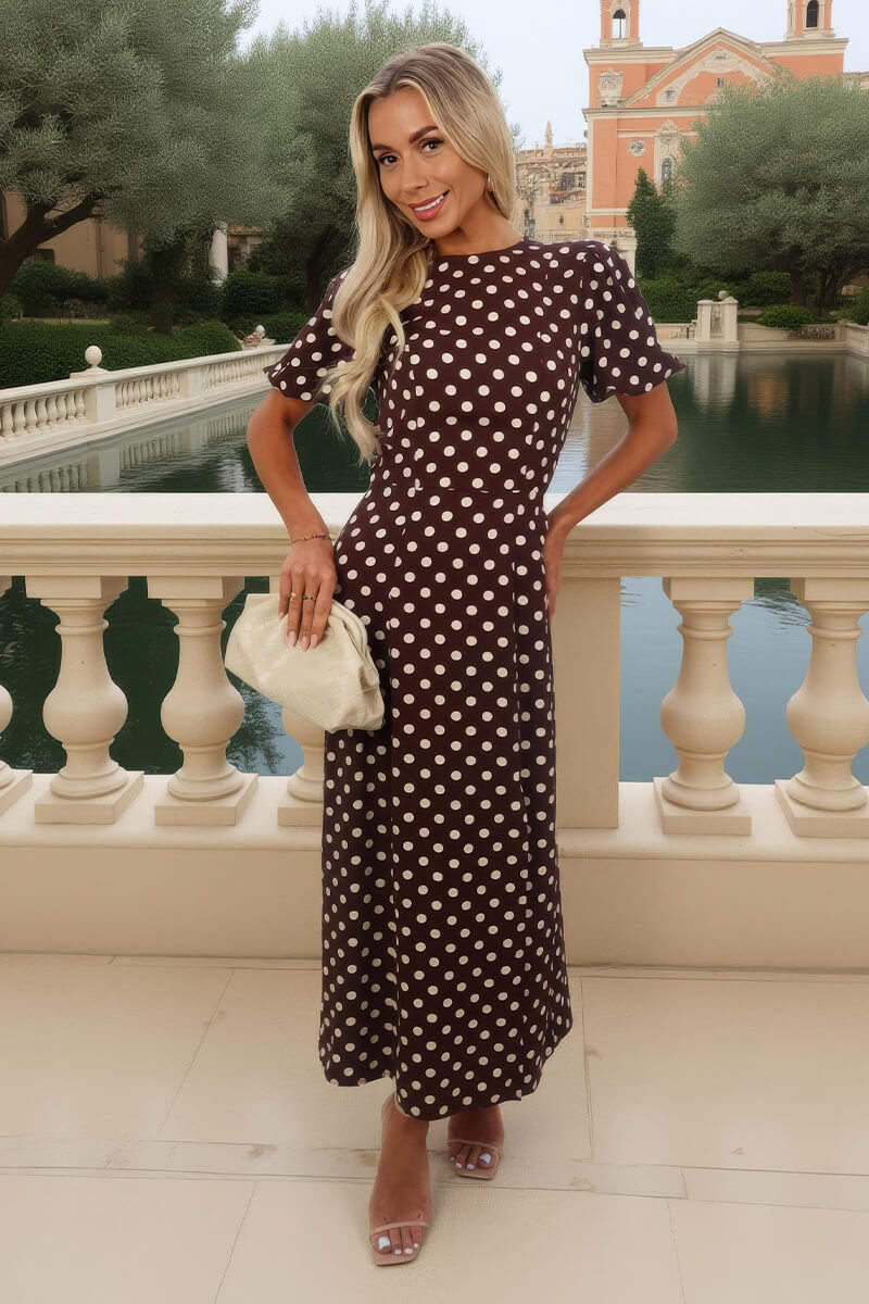 "Quiet Luxury" Chocolate Polka Dot Midi Dress | Puff Flutter Sleeve Summer Essential