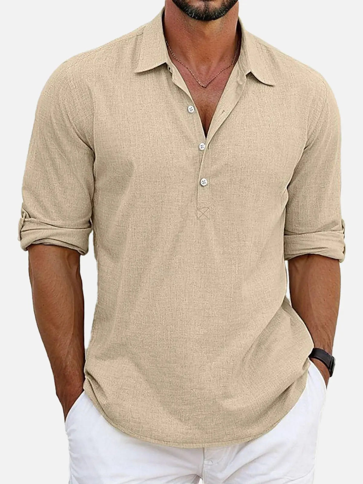Classic Cotton | Men's Long Sleeve Popover Shirt with Spread Collar | Versatile Style for Casual and Smart-Casual Wear
