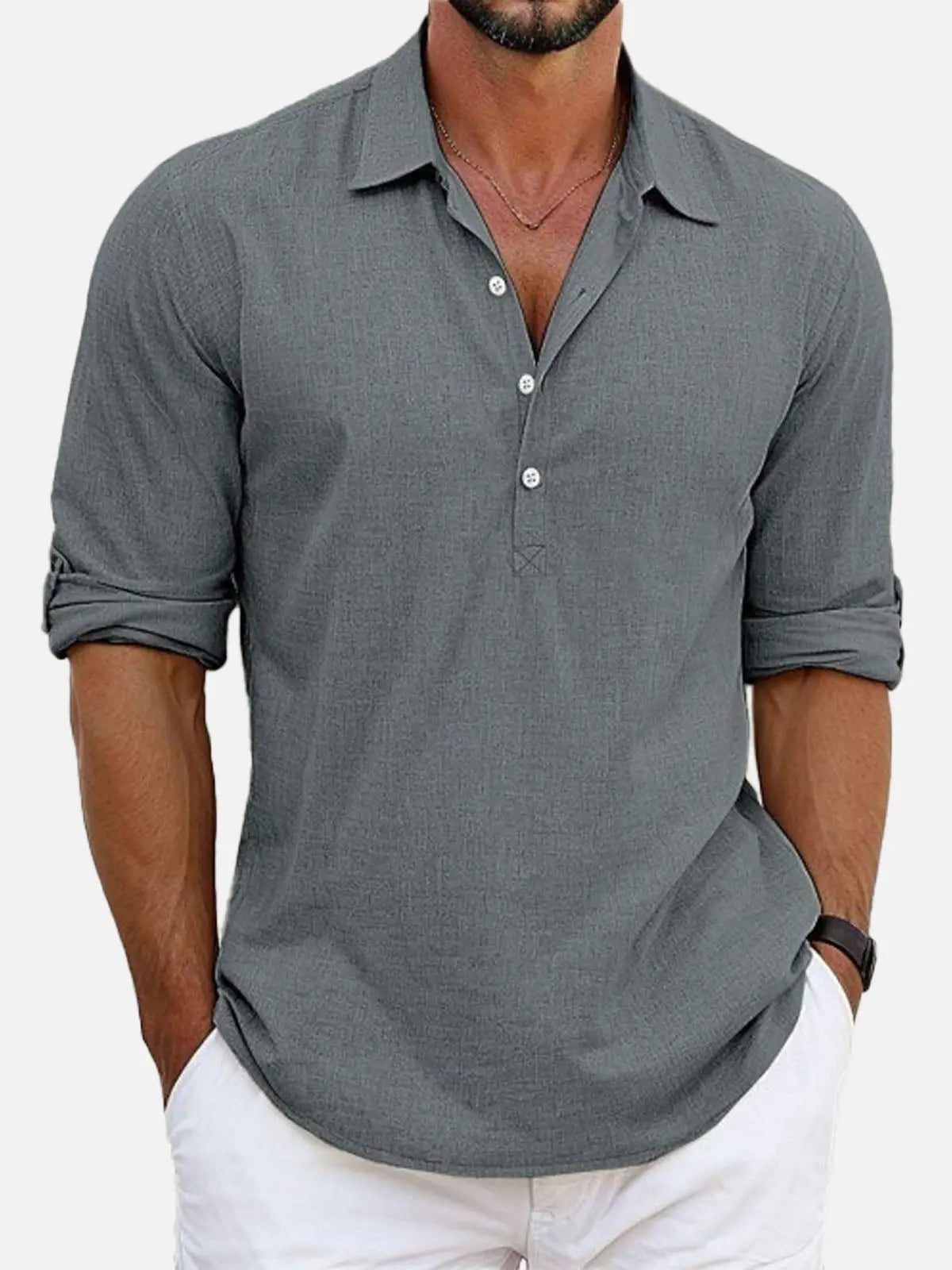 Classic Cotton | Men's Long Sleeve Popover Shirt with Spread Collar | Versatile Style for Casual and Smart-Casual Wear