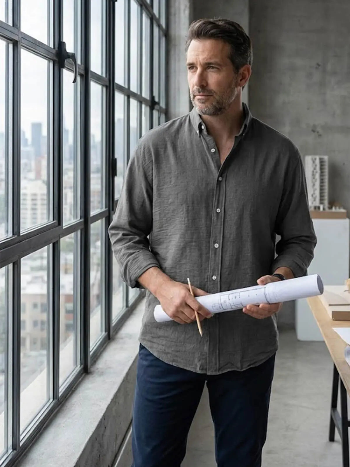 Classic Cotton | Men's Long Sleeve Shirt with Stylish Stand Collar | Comfortable Fit for Everyday Wear