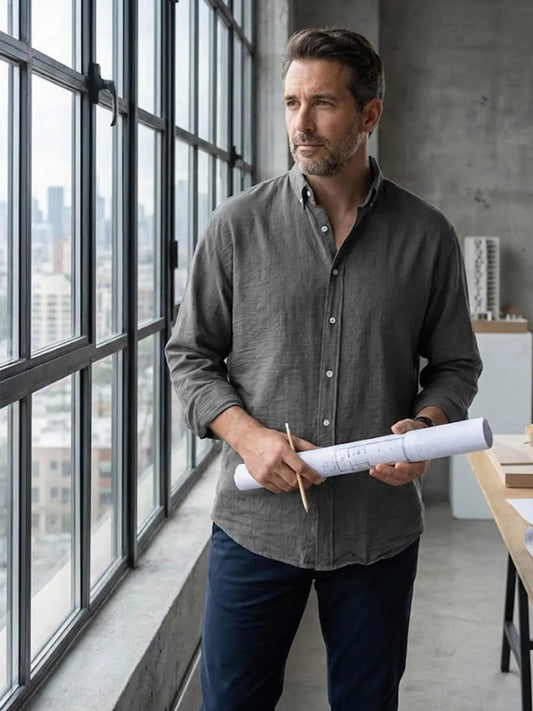 Classic Cotton | Men's Long Sleeve Shirt with Stylish Stand Collar | Comfortable Fit for Everyday Wear