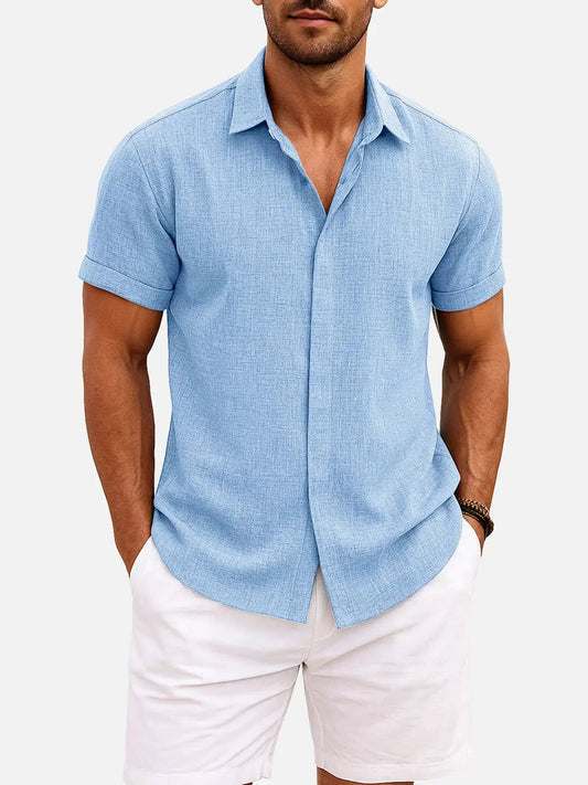 Classic Linen Cotton Blend Short Sleeve Shirt with Breathable Fabric for Warm Weather Comfort