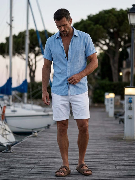 Classic Linen Cotton Blend Short Sleeve Shirt with Breathable Fabric for Warm Weather Comfort