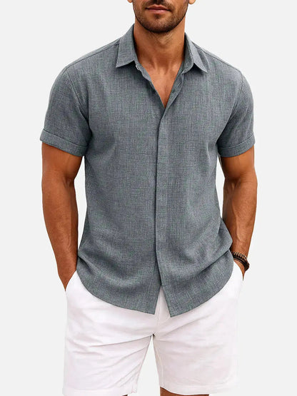 Classic Linen Cotton Blend Short Sleeve Shirt with Breathable Fabric for Warm Weather Comfort