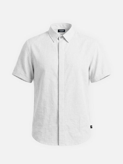 Classic Linen Cotton Blend Short Sleeve Shirt with Breathable Fabric for Warm Weather Comfort
