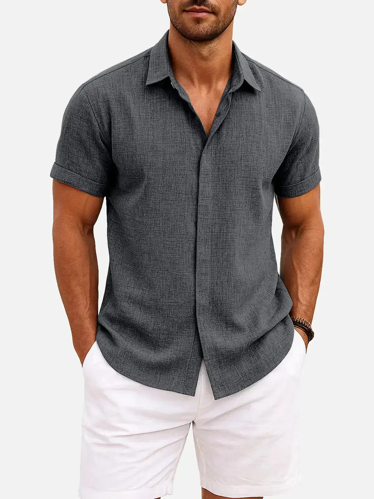 Classic Linen Cotton Blend Short Sleeve Shirt with Breathable Fabric for Warm Weather Comfort