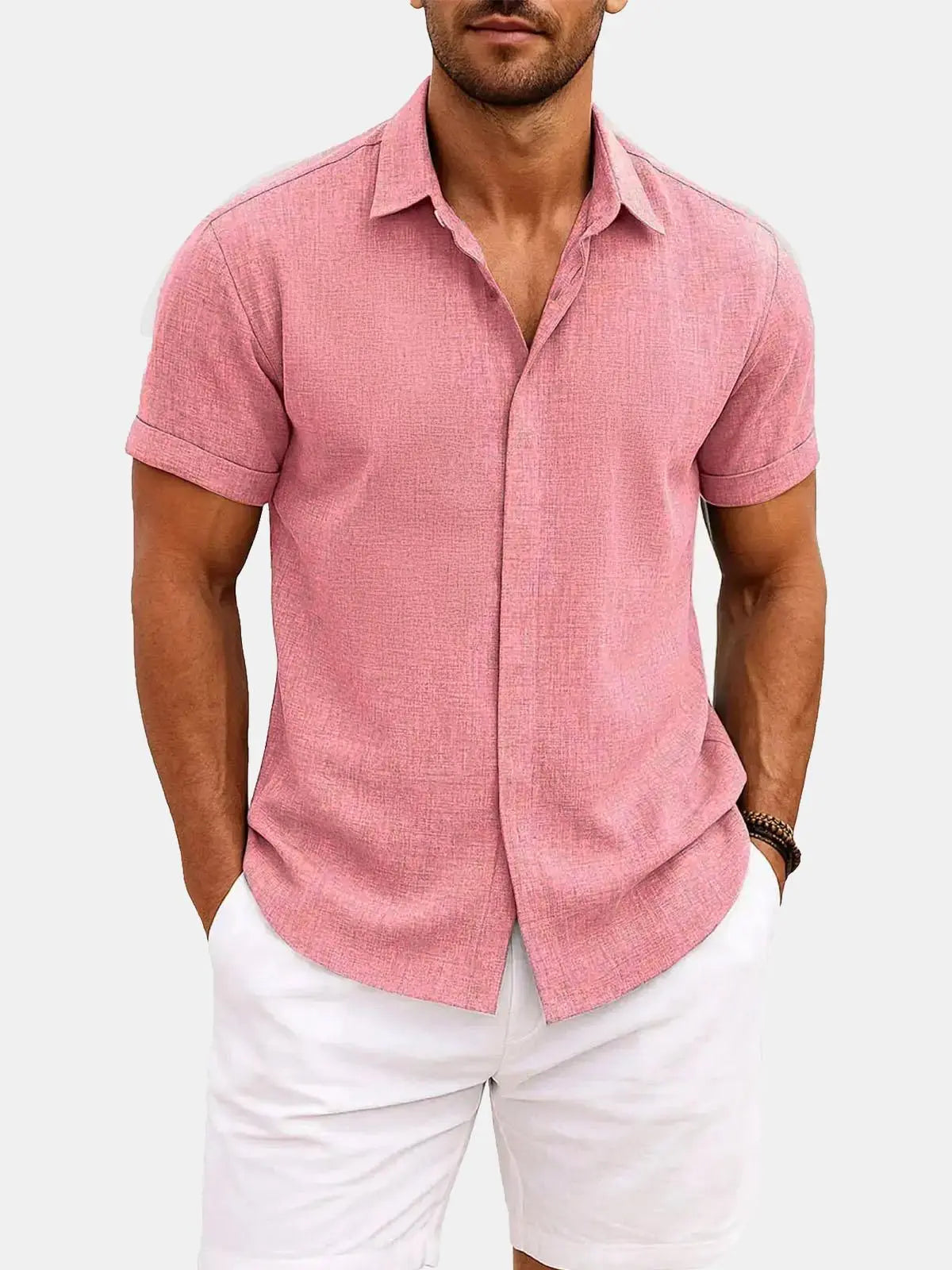 Classic Linen Cotton Blend Short Sleeve Shirt with Breathable Fabric for Warm Weather Comfort