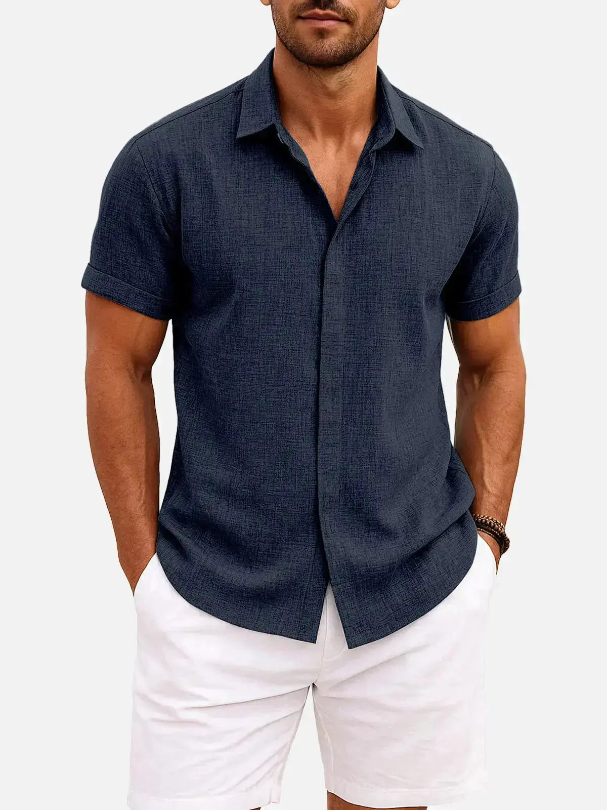 Classic Linen Cotton Blend Short Sleeve Shirt with Breathable Fabric for Warm Weather Comfort
