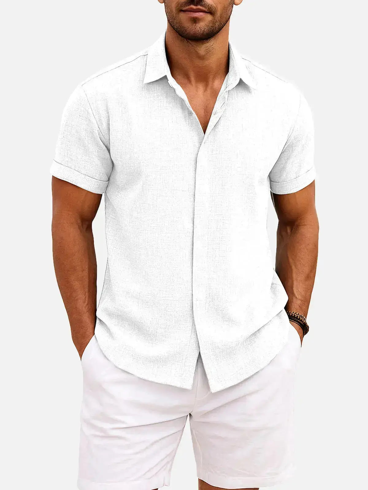 Classic Linen Cotton Blend Short Sleeve Shirt with Breathable Fabric for Warm Weather Comfort