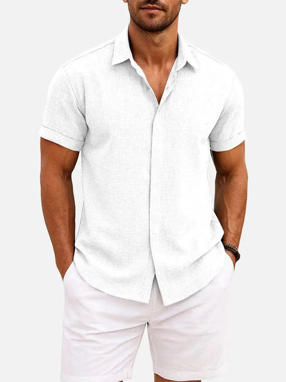 Classic Linen Cotton Blend Short Sleeve Shirt with Breathable Fabric for Warm Weather Comfort