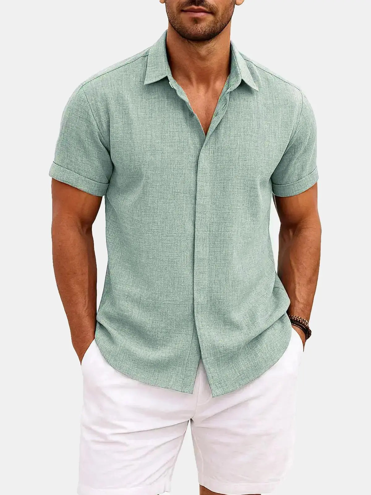 Classic Linen Cotton Blend Short Sleeve Shirt with Breathable Fabric for Warm Weather Comfort