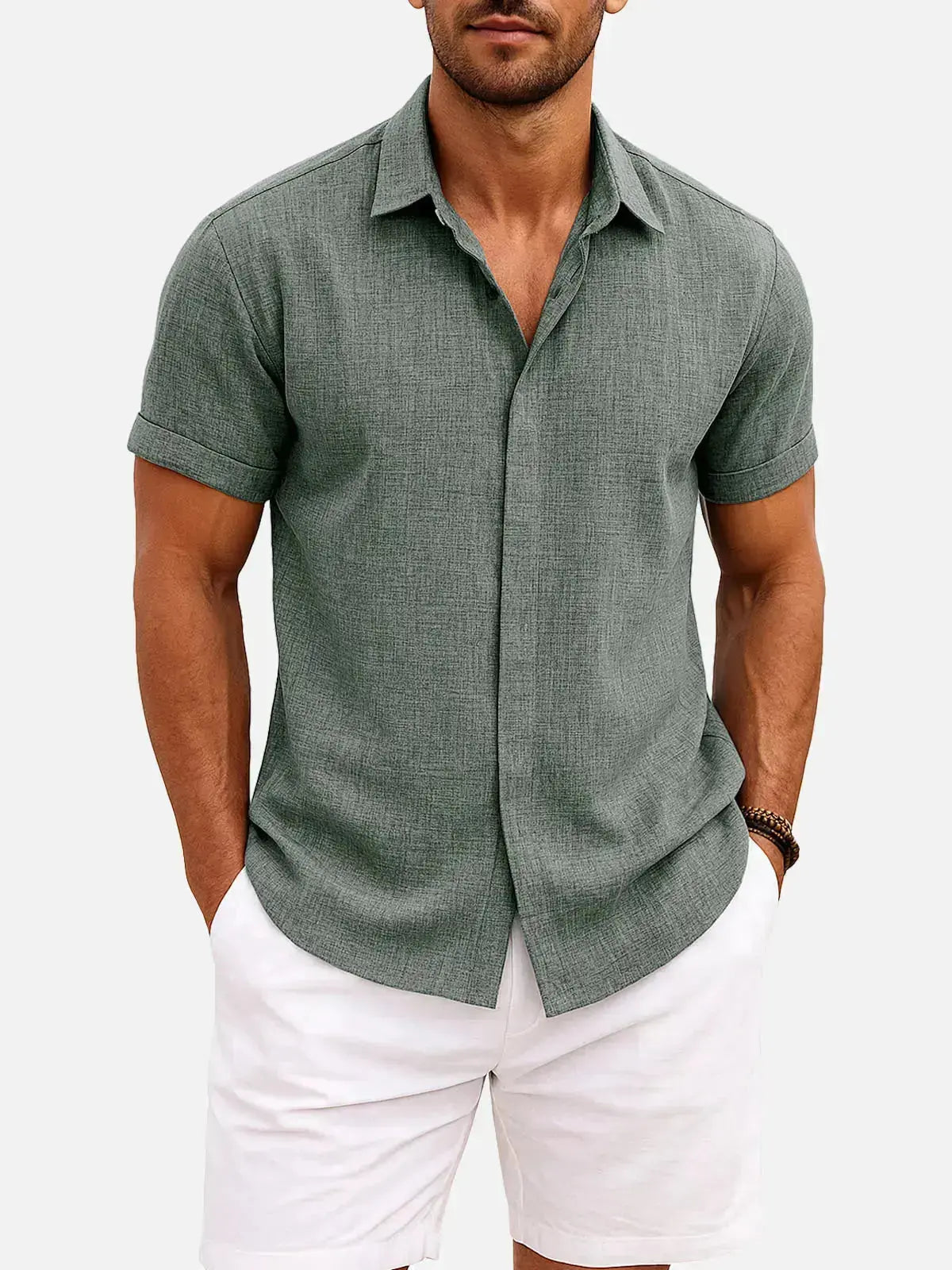 Classic Linen Cotton Blend Short Sleeve Shirt with Breathable Fabric for Warm Weather Comfort