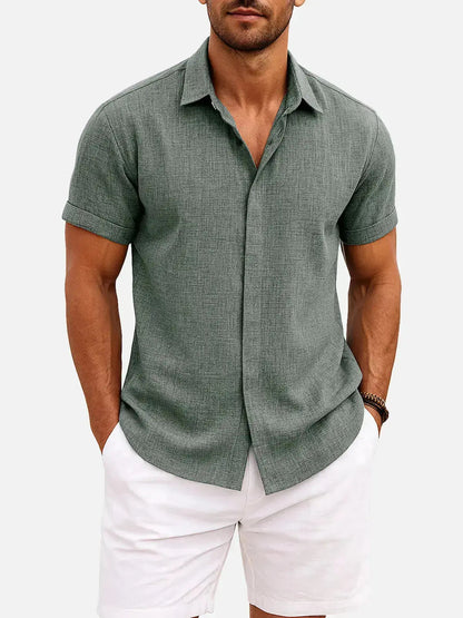 Classic Linen Cotton Blend Short Sleeve Shirt with Breathable Fabric for Warm Weather Comfort