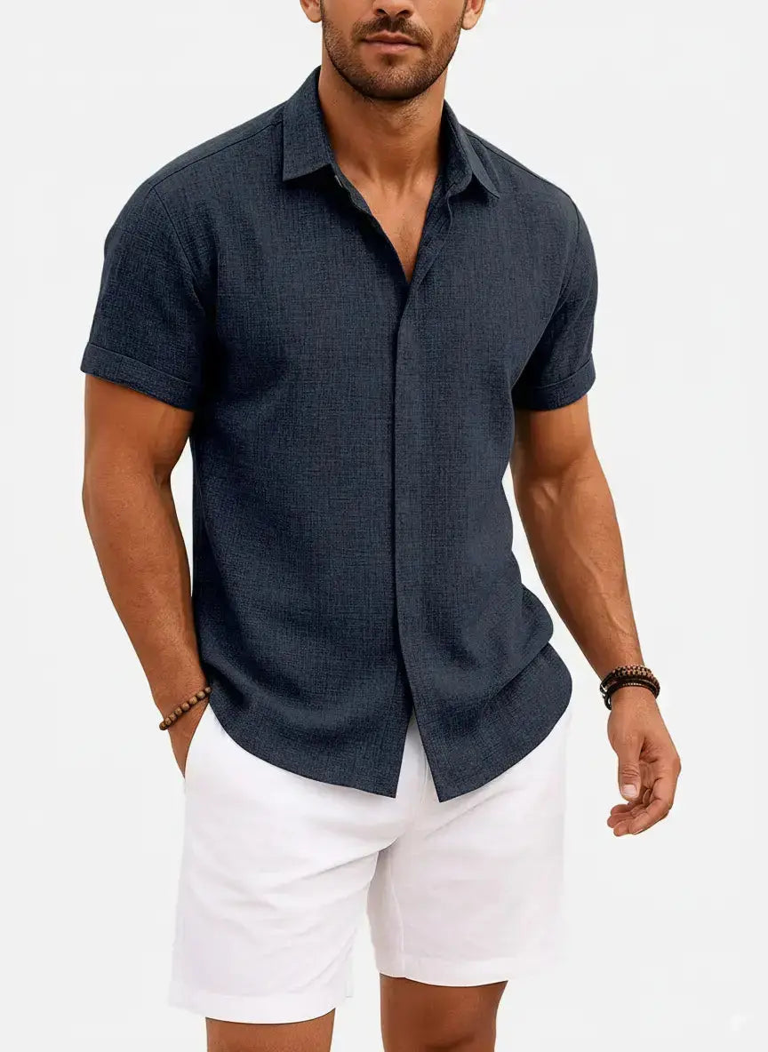 Classic Linen Cotton Blend Short Sleeve Shirt with Breathable Fabric for Warm Weather Comfort