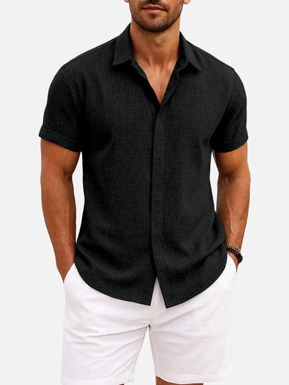 Classic Linen Cotton Blend Short Sleeve Shirt with Breathable Fabric for Warm Weather Comfort