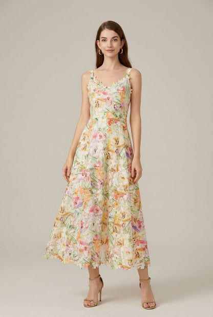 Elegant A-Line Midi Dress | Floral Embroidery & Adjustable Straps for Effortless Style