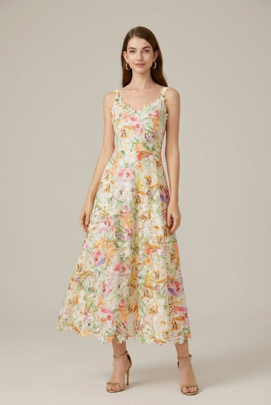 Elegant A-Line Midi Dress | Floral Embroidery & Adjustable Straps for Effortless Style