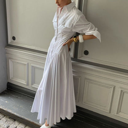 Elegant Collection | Long Sleeve Maxi Dress with Button Front & Flared Skirt for Effortless Style
