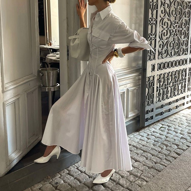 Elegant Collection | Long Sleeve Maxi Dress with Button Front & Flared Skirt for Effortless Style