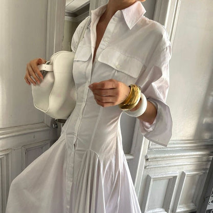 Elegant Collection | Long Sleeve Maxi Dress with Button Front & Flared Skirt for Effortless Style