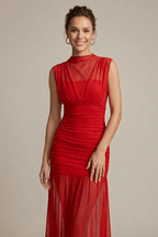 Women's Ruched Sheer Maxi Dress | Flared Hem