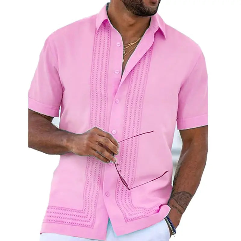Elegant Collection | Men's Short Sleeve Button Down Shirt with Embroidered Detail | Structured Fit for Effortless Style