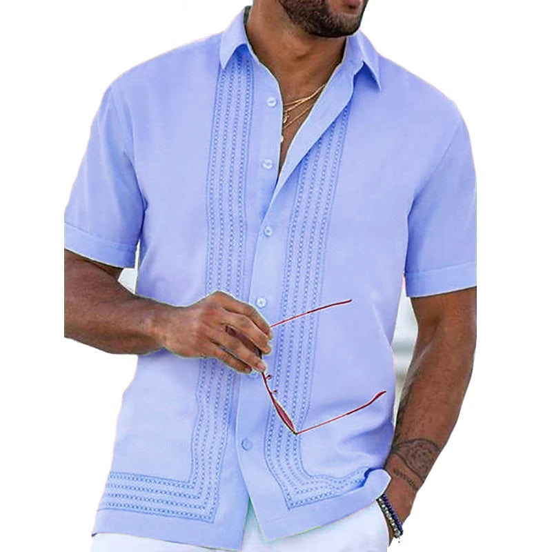 Elegant Collection | Men's Short Sleeve Button Down Shirt with Embroidered Detail | Structured Fit for Effortless Style