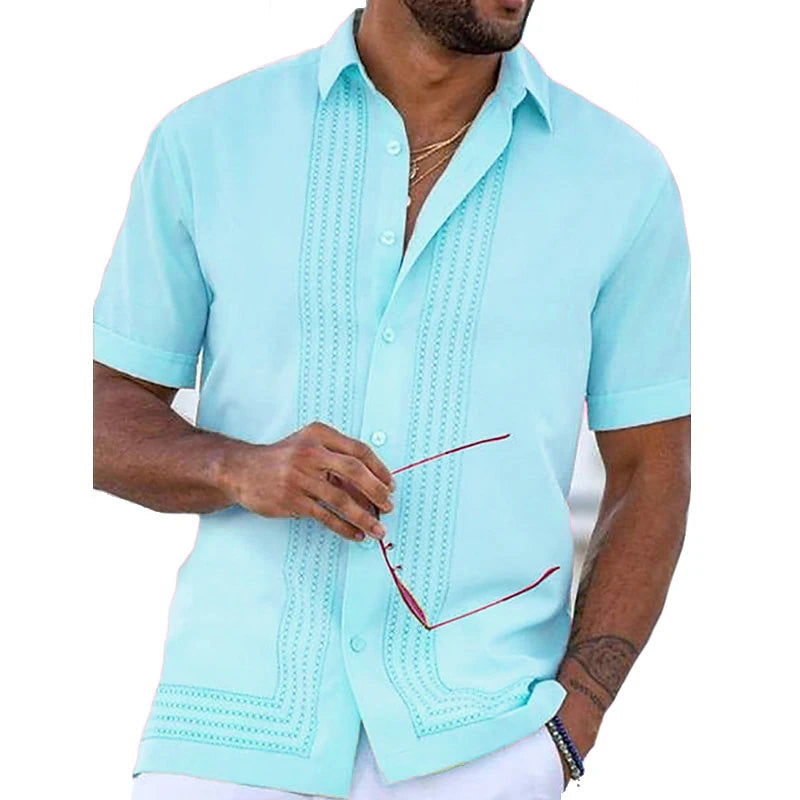 Elegant Collection | Men's Short Sleeve Button Down Shirt with Embroidered Detail | Structured Fit for Effortless Style