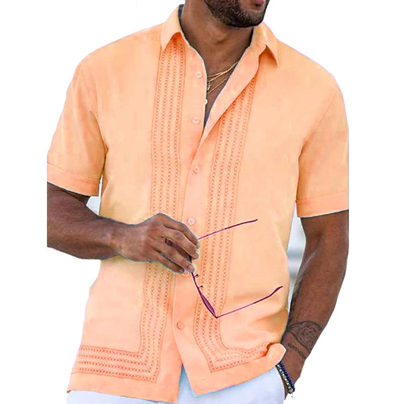 Elegant Collection | Men's Short Sleeve Button Down Shirt with Embroidered Detail | Structured Fit for Effortless Style