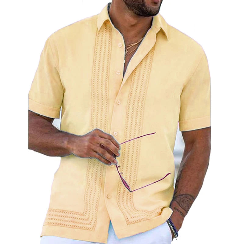 Elegant Collection | Men's Short Sleeve Button Down Shirt with Embroidered Detail | Structured Fit for Effortless Style