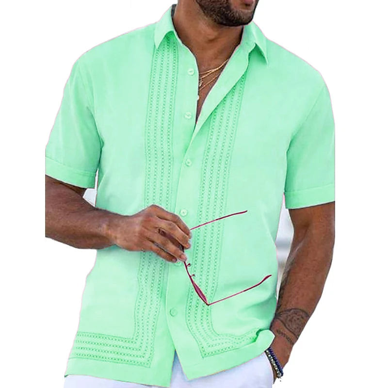 Elegant Collection | Men's Short Sleeve Button Down Shirt with Embroidered Detail | Structured Fit for Effortless Style