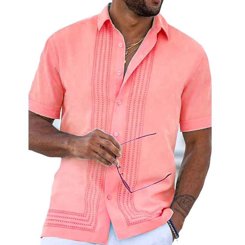 Elegant Collection | Men's Short Sleeve Button Down Shirt with Embroidered Detail | Structured Fit for Effortless Style