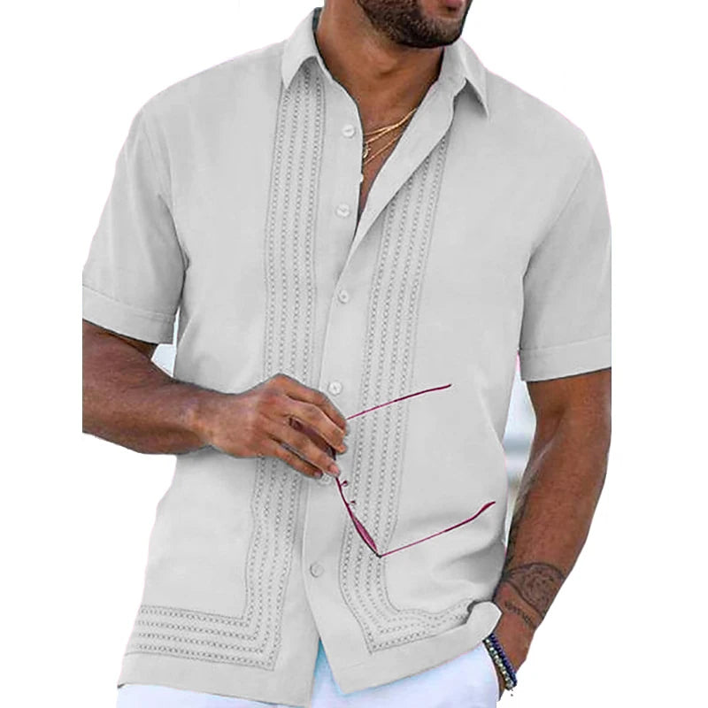 Elegant Collection | Men's Short Sleeve Button Down Shirt with Embroidered Detail | Structured Fit for Effortless Style