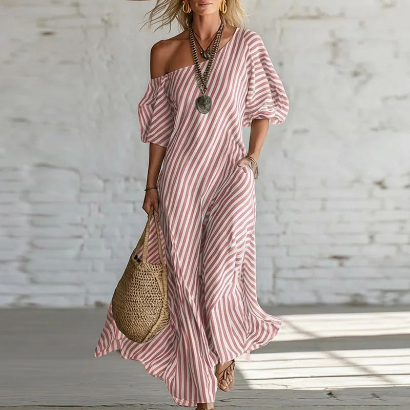 Elegant Collection | Women's One Shoulder Puff Sleeve Dress with Striped Pattern | Stylish Summer Dress for Effortless Elegance