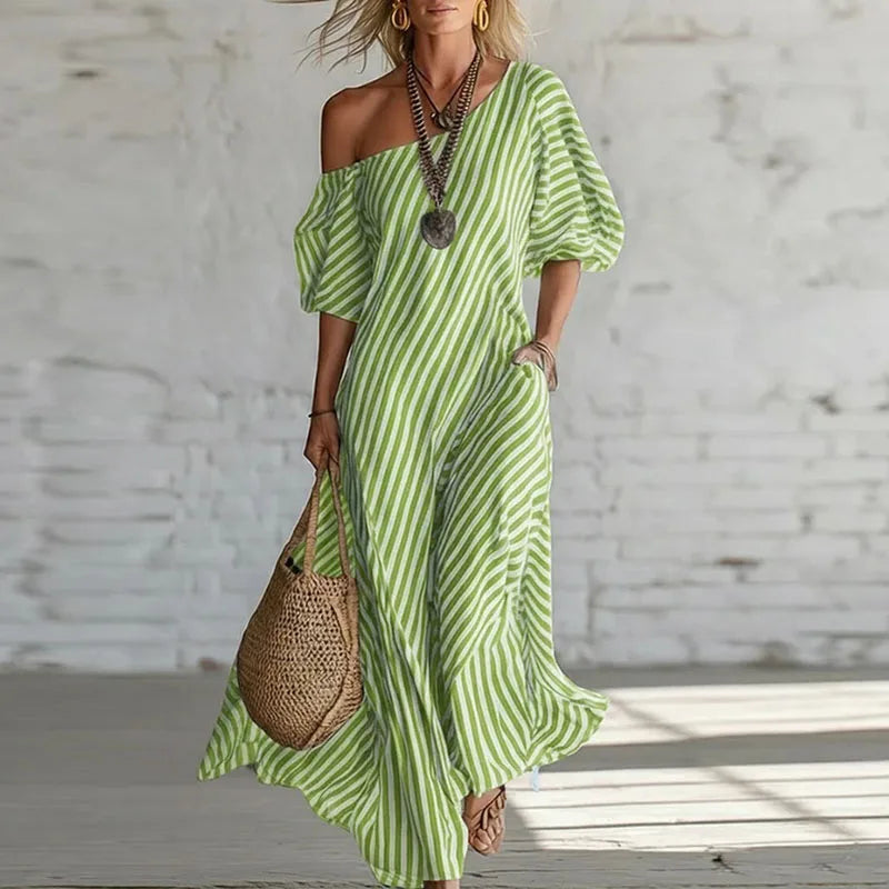 Striped One-Shoulder Puff Sleeve Dress — Summer Statement Piece