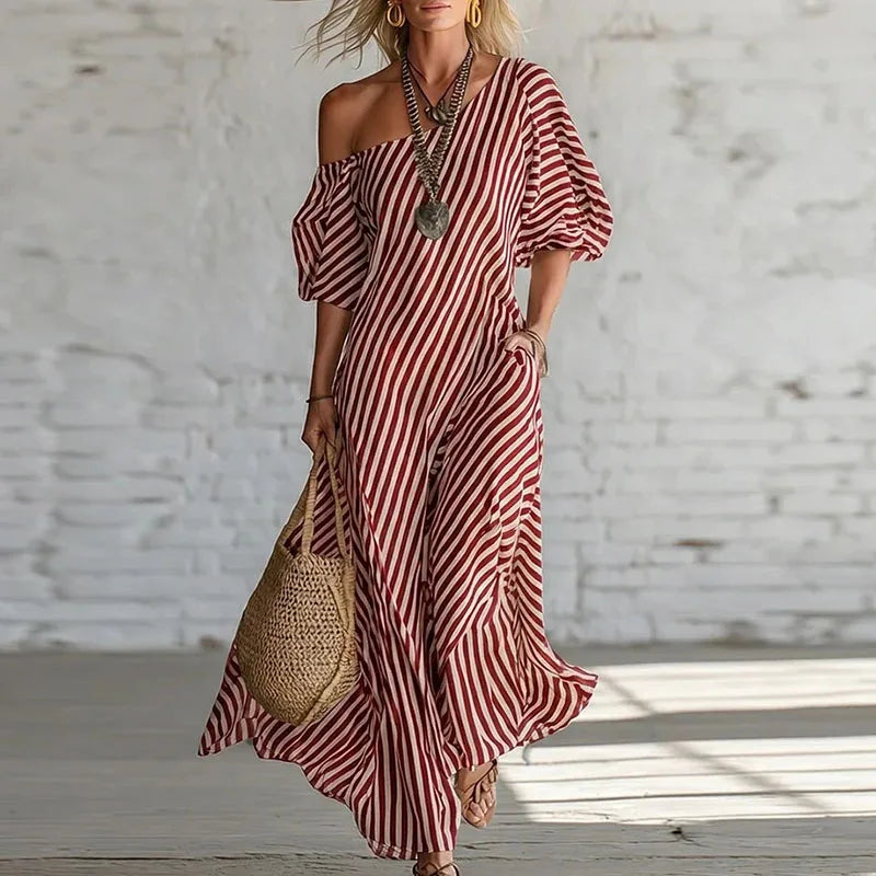 Striped One-Shoulder Puff Sleeve Dress — Summer Statement Piece