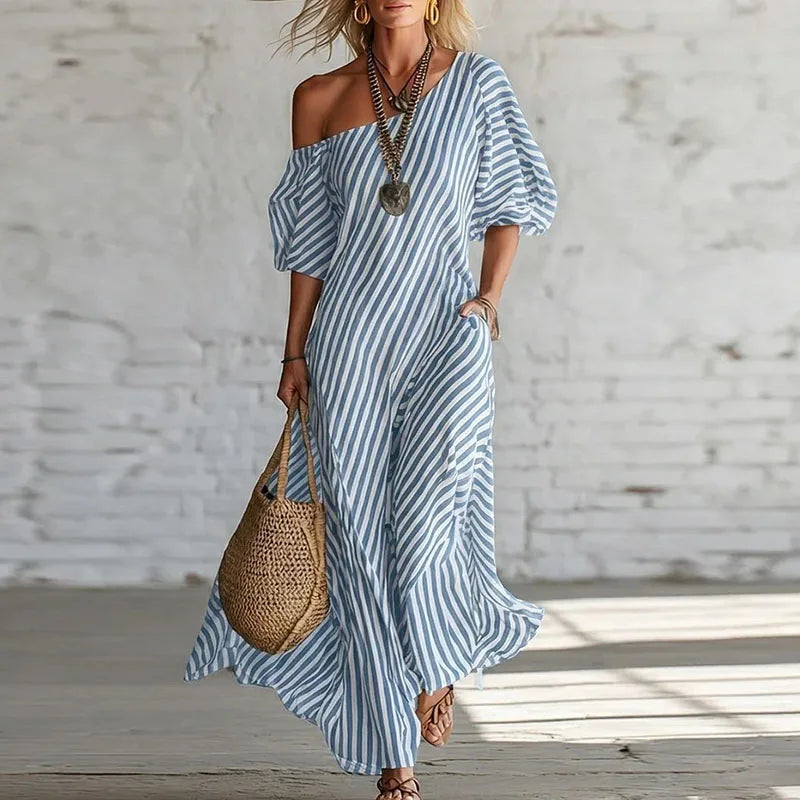 Striped One-Shoulder Puff Sleeve Dress — Summer Statement Piece