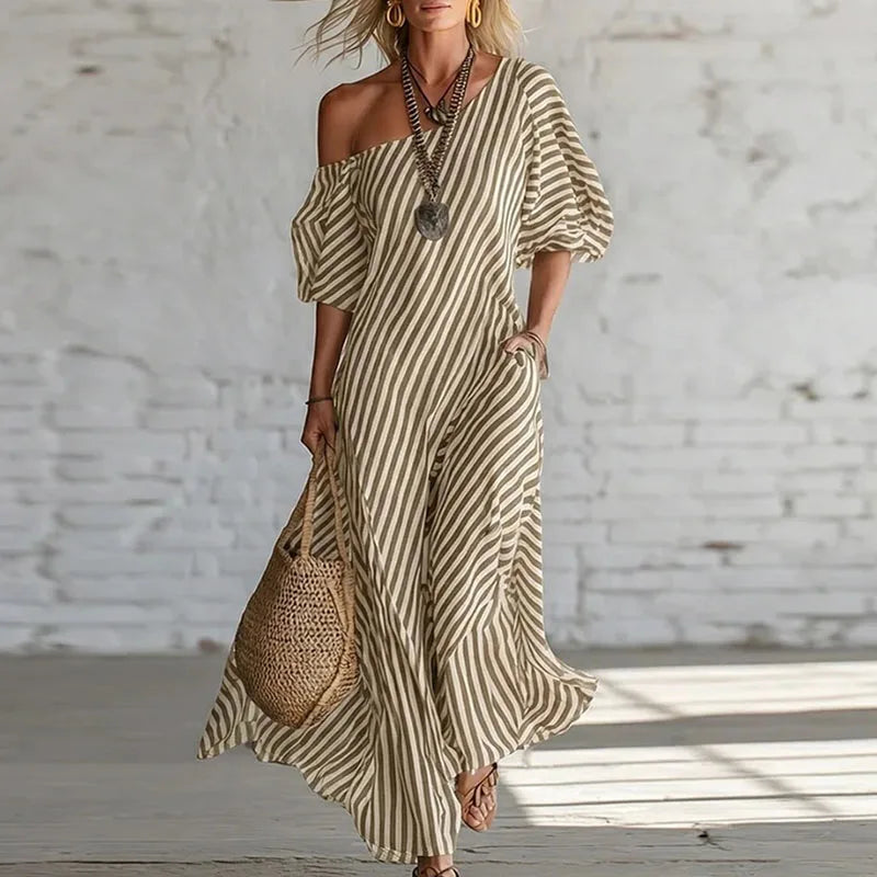 Striped One-Shoulder Puff Sleeve Dress — Summer Statement Piece