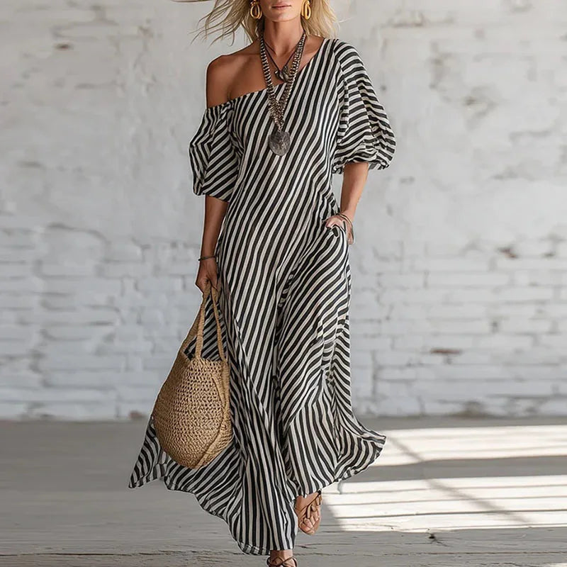 Striped One-Shoulder Puff Sleeve Dress — Summer Statement Piece