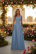 Elegant Denim Maxi Dress | Square Neck & Lace-Up Back | Flattering Long Dress for Effortless Style