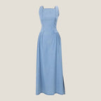 Elegant Denim Maxi Dress | Square Neck & Lace-Up Back | Flattering Long Dress for Effortless Style