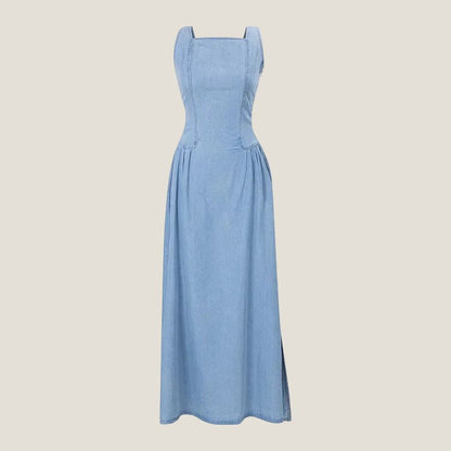Elegant Denim Maxi Dress | Square Neck & Lace-Up Back | Flattering Long Dress for Effortless Style