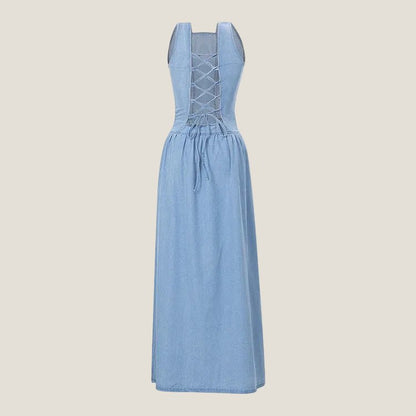 Elegant Denim Maxi Dress | Square Neck & Lace-Up Back | Flattering Long Dress for Effortless Style