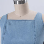 Elegant Denim Maxi Dress | Square Neck & Lace-Up Back | Flattering Long Dress for Effortless Style