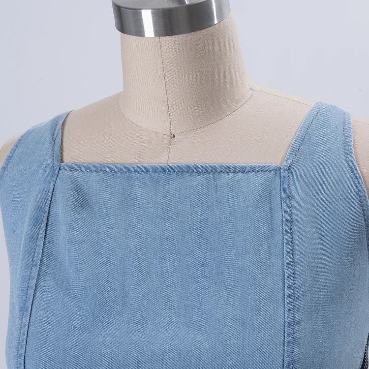 Elegant Denim Maxi Dress | Square Neck & Lace-Up Back | Flattering Long Dress for Effortless Style