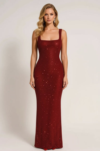 Elegant Evening Collection | Women's Embellished Maxi Dress with Square Neckline | Perfect for Formal Events