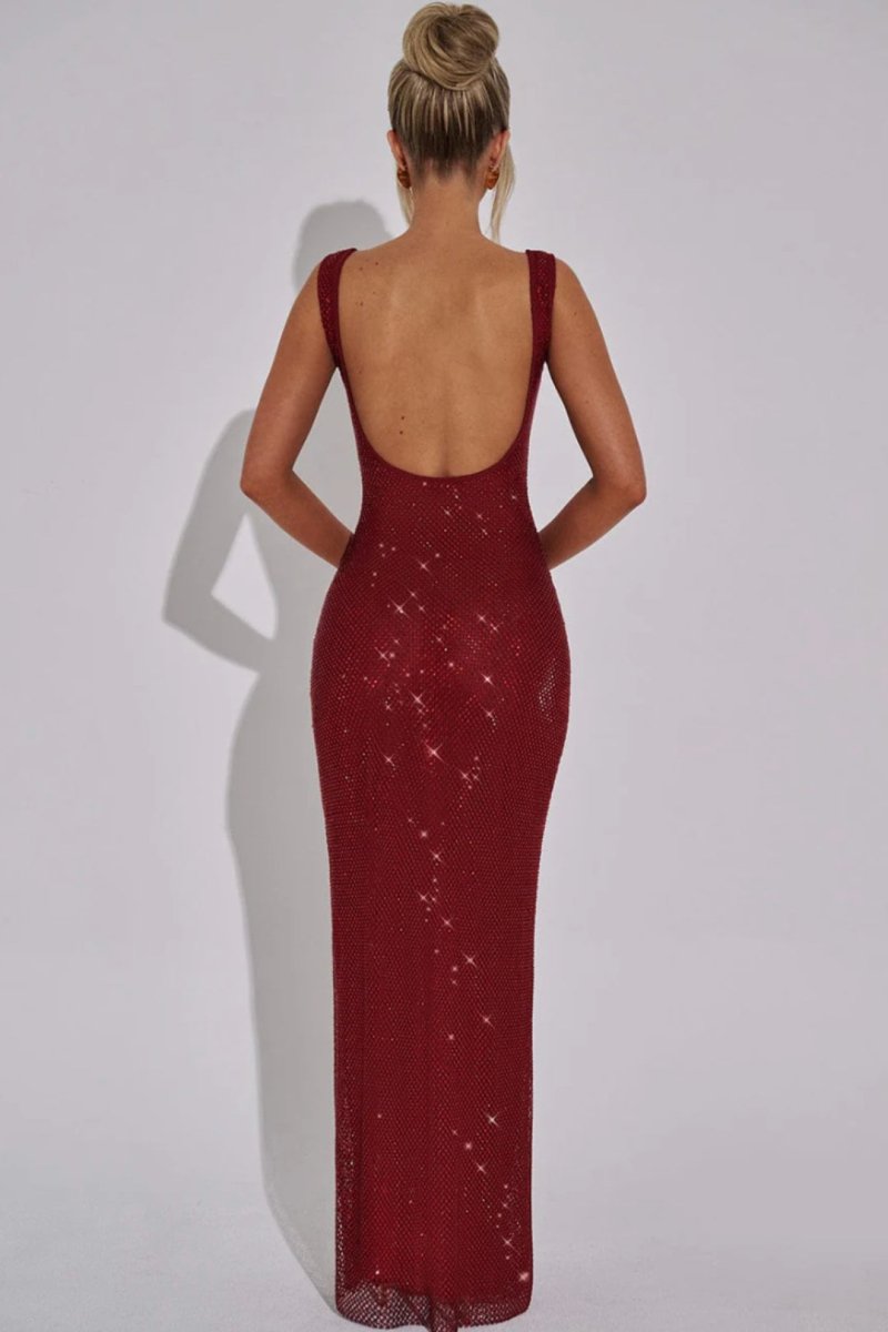 Elegant Evening Collection | Women's Embellished Maxi Dress with Square Neckline | Perfect for Formal Events