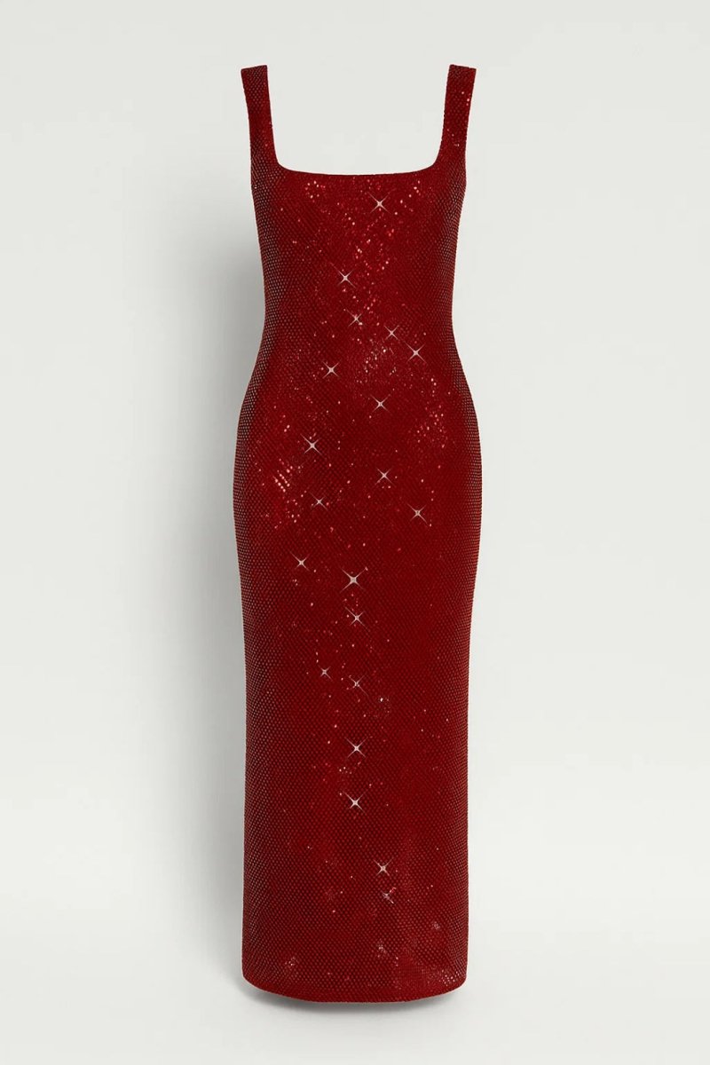Elegant Evening Collection | Women's Embellished Maxi Dress with Square Neckline | Perfect for Formal Events