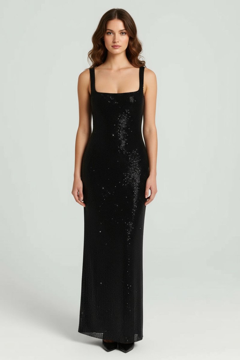 Elegant Evening Collection | Women's Embellished Maxi Dress with Square Neckline | Perfect for Formal Events